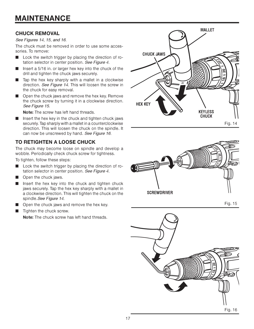 RIDGID R82015 manual Maintenance, Chuck Removal, To Retighten a Loose Chuck 