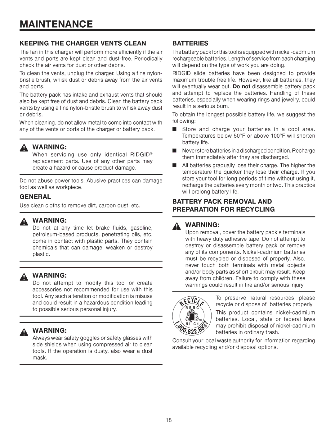 RIDGID R82015 manual Keeping the Charger Vents Clean, General, Batteries, Battery Pack Removal Preparation for Recycling 