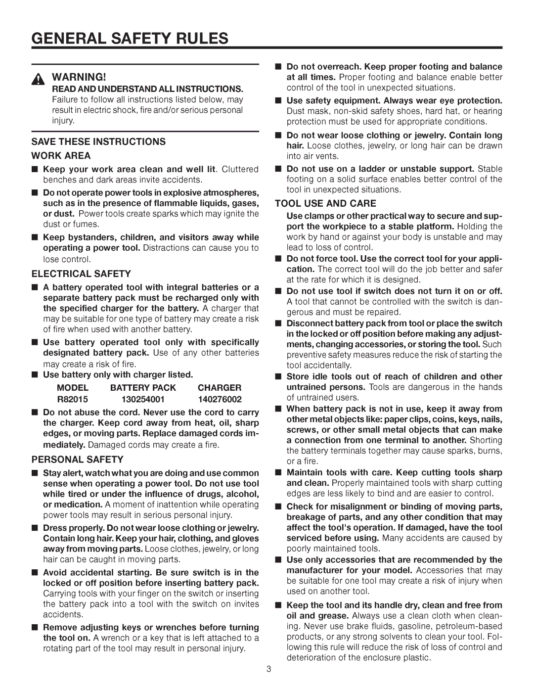 RIDGID R82015 manual General Safety Rules, Work Area 