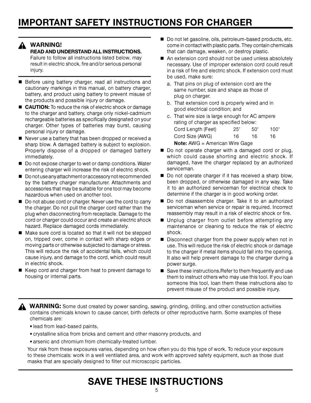 RIDGID R82015 manual Important Safety Instructions for Charger 