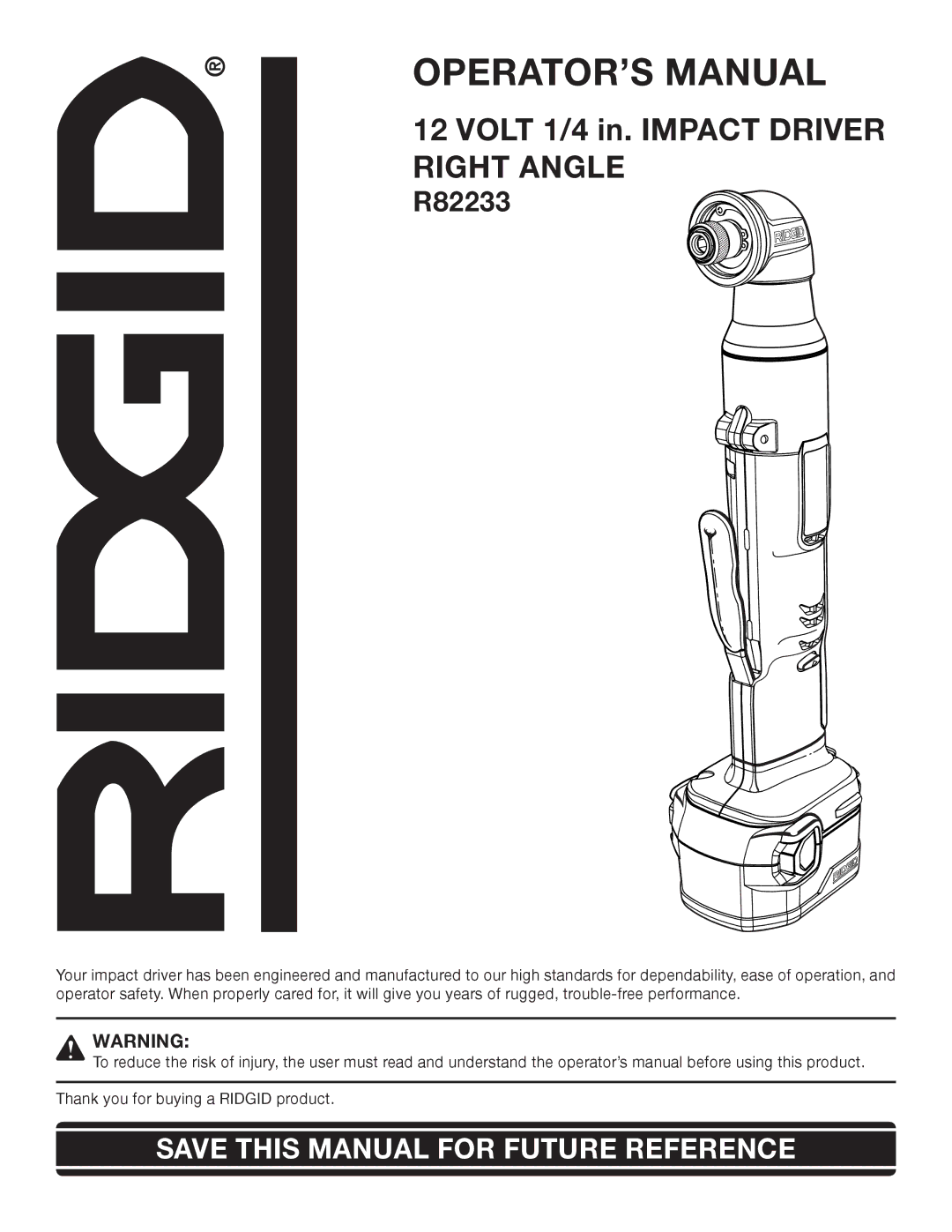 RIDGID R82233 manual OPERATOR’S Manual 