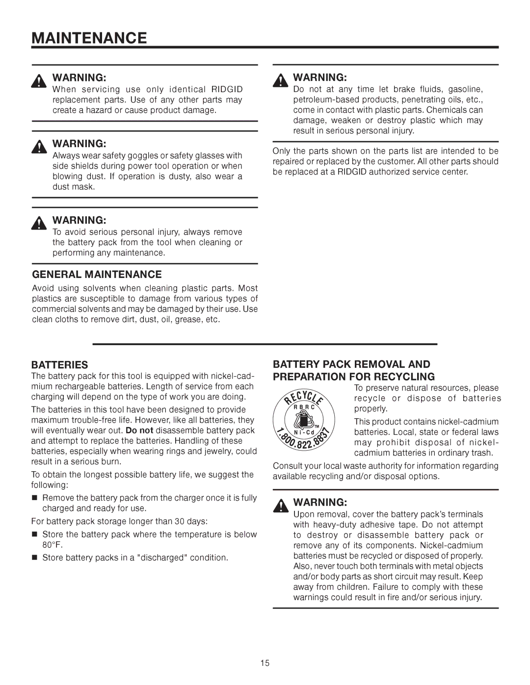 RIDGID R82233 manual General Maintenance, Batteries, Battery Pack Removal Preparation for Recycling 