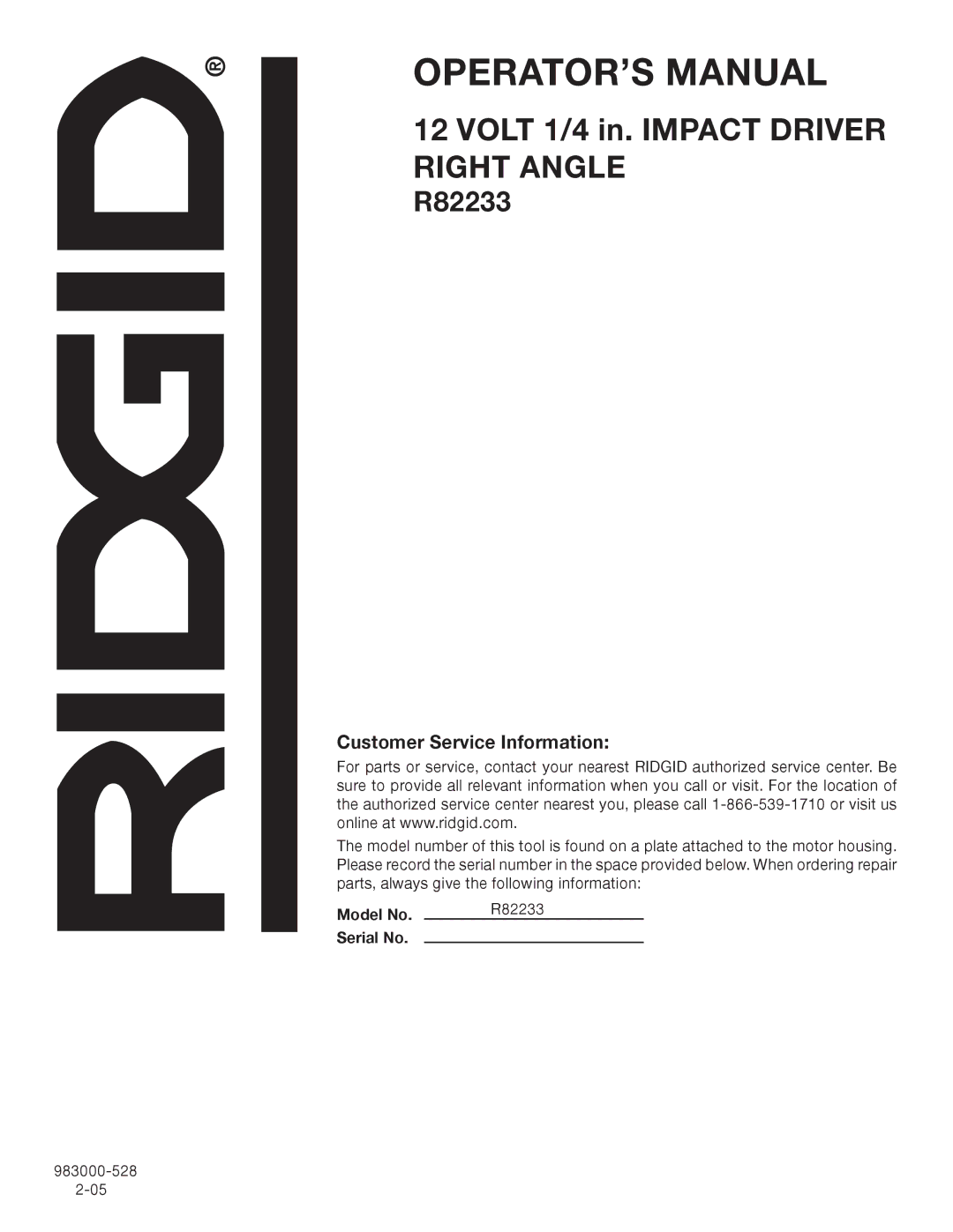 RIDGID R82233 manual Customer Service Information 