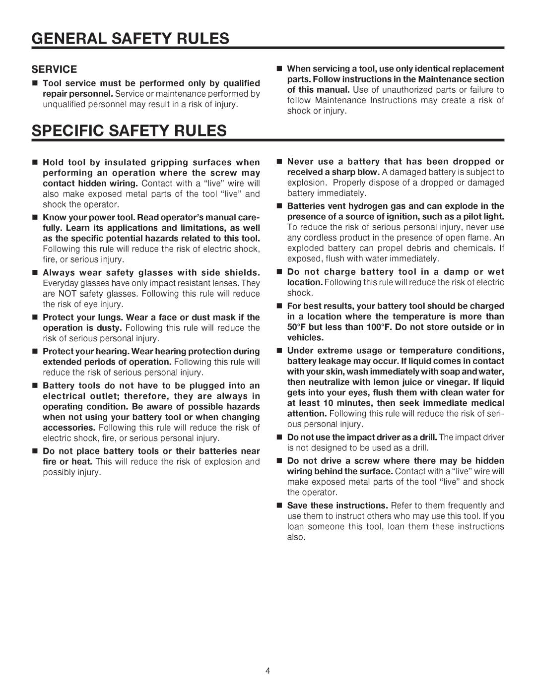 RIDGID R82233 manual Specific Safety Rules, Service 