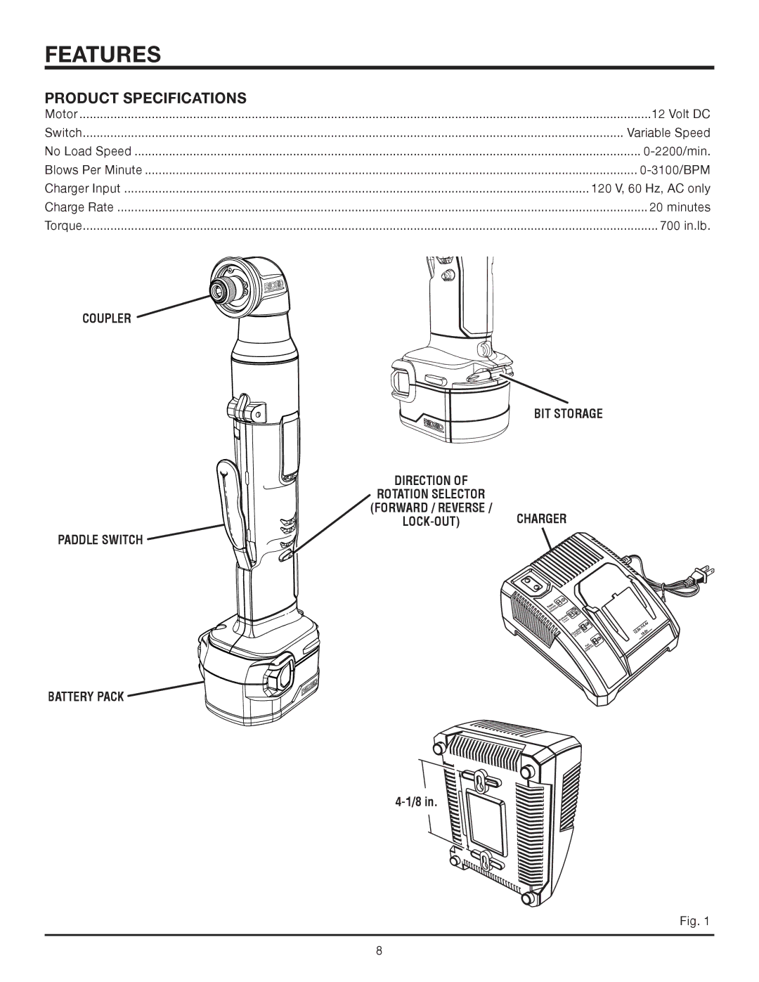 RIDGID R82233 Features, Product Specifications, Coupler BIT Storage Direction, Paddle Switch Battery Pack LOCK-OUT Charger 