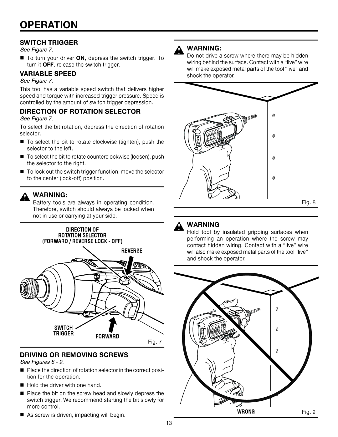 RIDGID R82320 manual Switch Trigger, Variable Speed, Driving or Removing Screws 