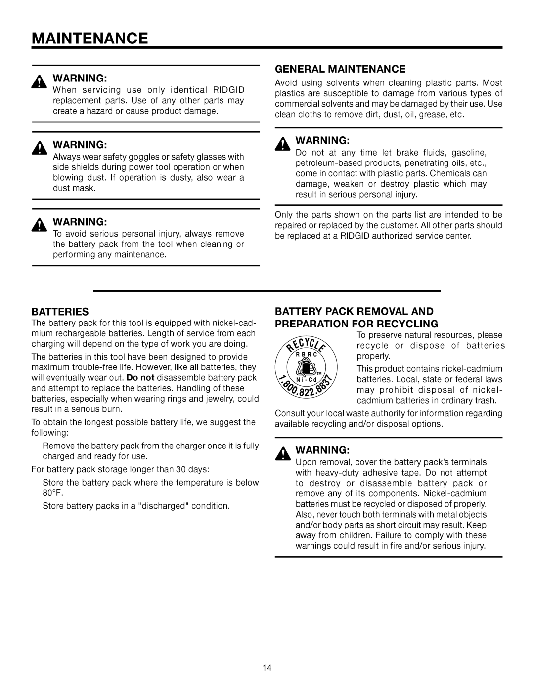 RIDGID R82320 manual General Maintenance, Batteries, Battery Pack Removal Preparation for Recycling 