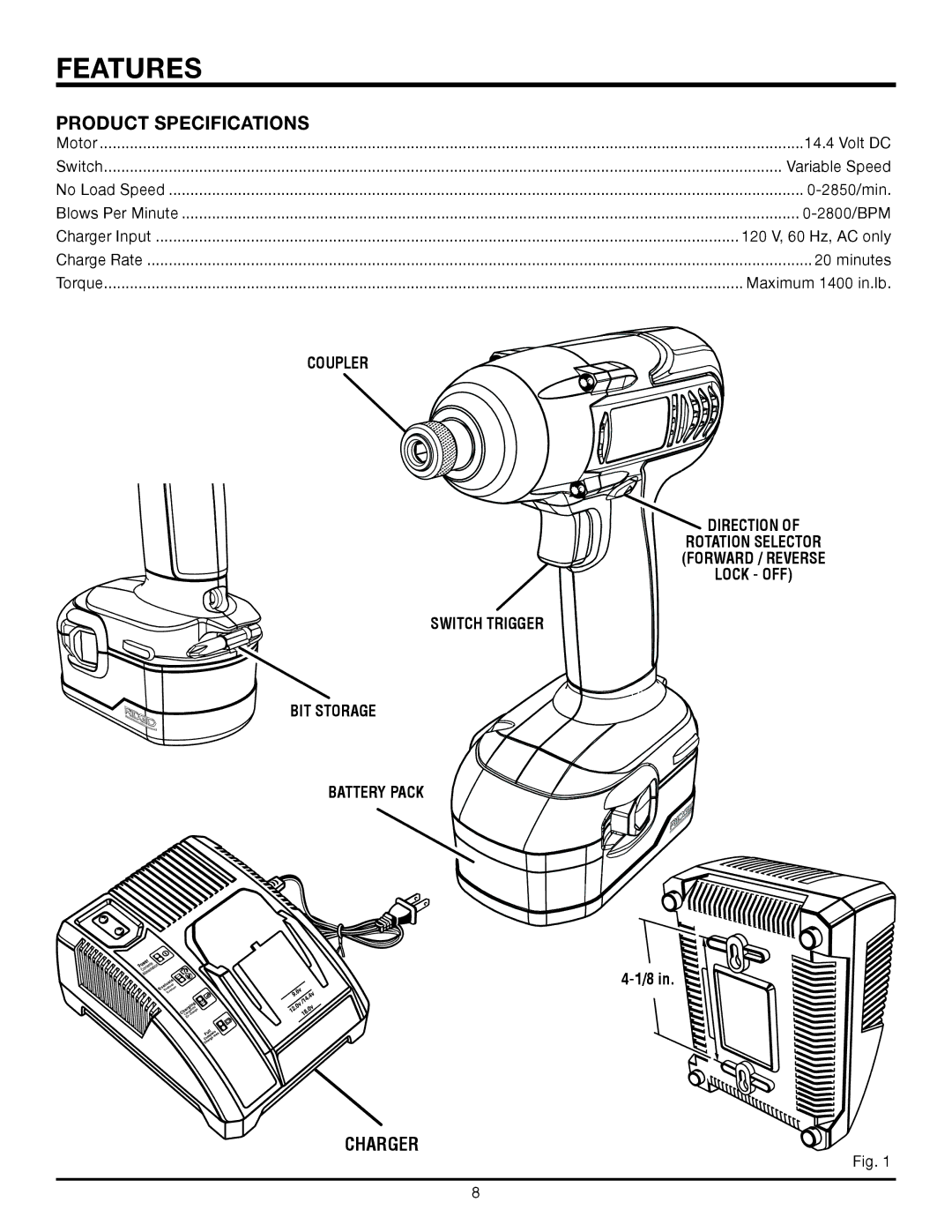 RIDGID R82320 manual Features, Product Specifications, Charger 