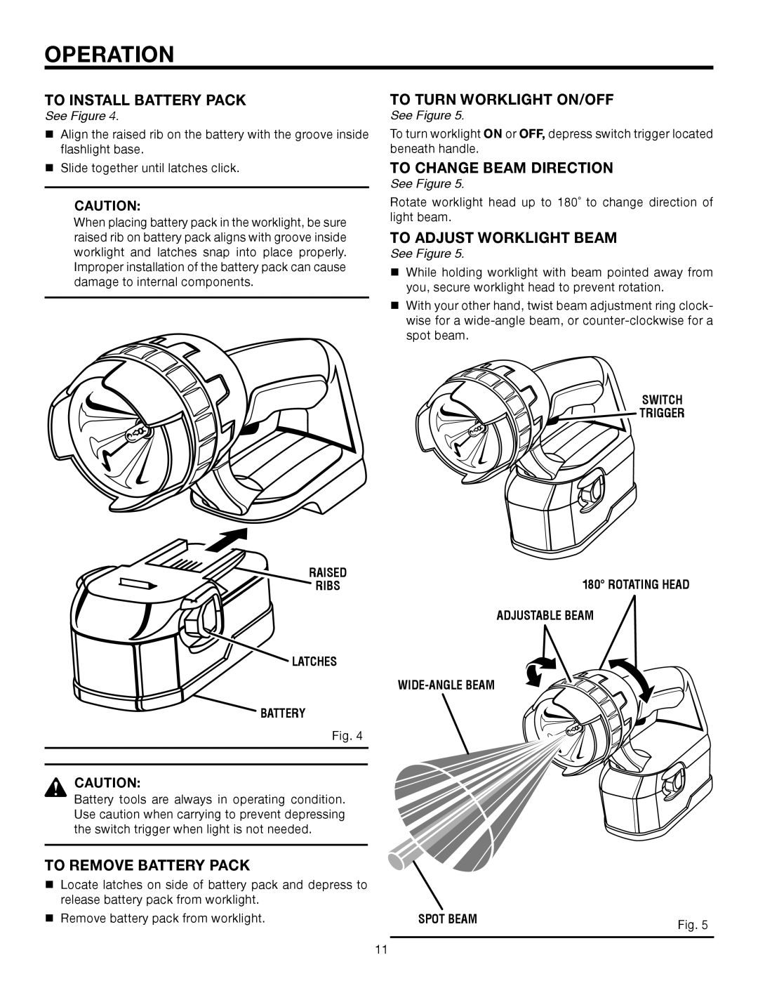 RIDGID R839, R829 manual To Install Battery Pack, To Remove Battery Pack, To Turn Worklight ON/OFF, To Change Beam Direction 