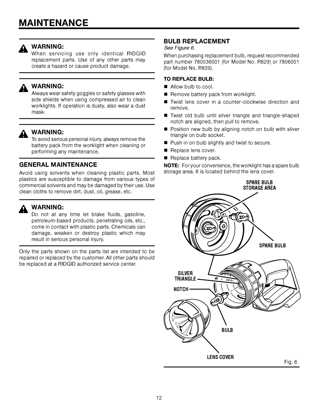 RIDGID R829, R839 manual General Maintenance, Bulb Replacement, To Replace Bulb 