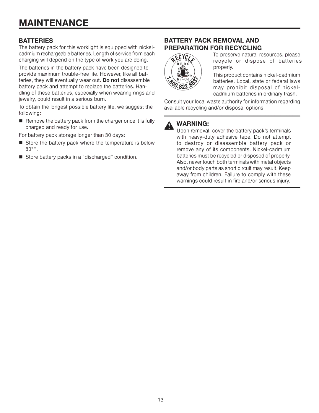 RIDGID R839, R829 manual Batteries, Battery Pack Removal Preparation for Recycling 