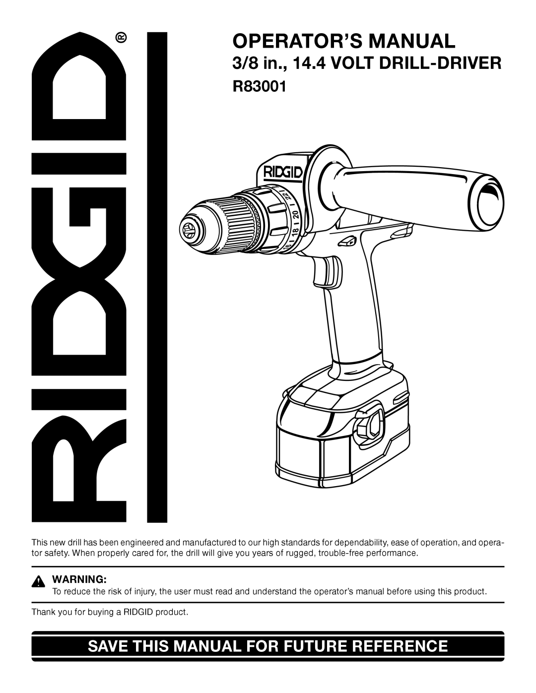 RIDGID R83001 manual OPERATOR’S Manual 