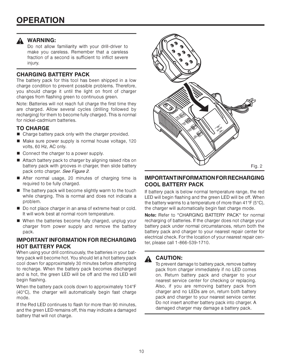 RIDGID R83001 manual Operation, Charging Battery Pack, To Charge, Important Information for Recharging HOT Battery Pack 