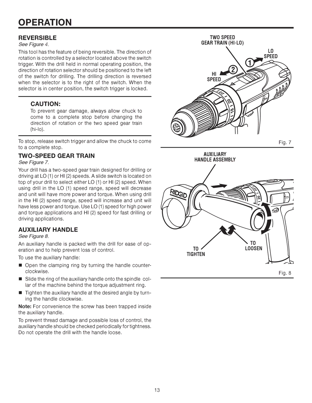 RIDGID R83001 manual Reversible, TWO-SPEED Gear Train, TWO Speed Gear Train HI-LO, HI 2 Speed Auxiliary 