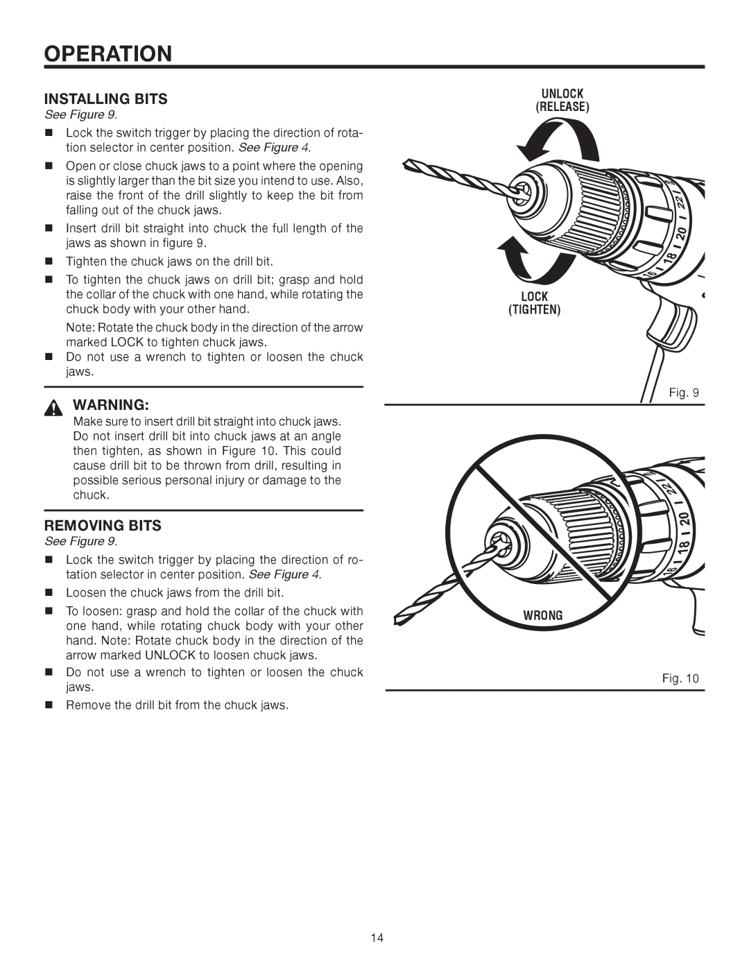 RIDGID R83001 manual Installing Bits, Removing Bits, Unlock Release Lock Tighten Wrong 