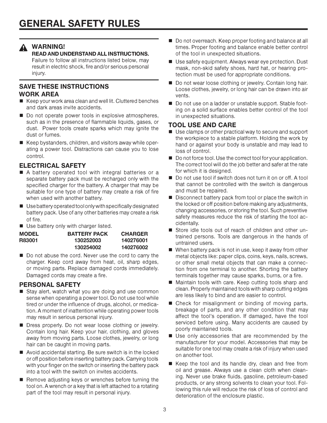 RIDGID R83001 manual General Safety Rules, Work Area, Electrical Safety, Personal Safety, Tool USE and Care 