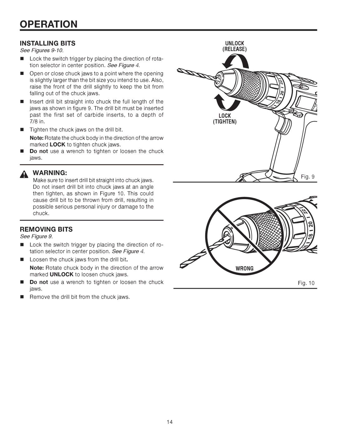 RIDGID R83015 manual Installing Bits, Removing Bits 