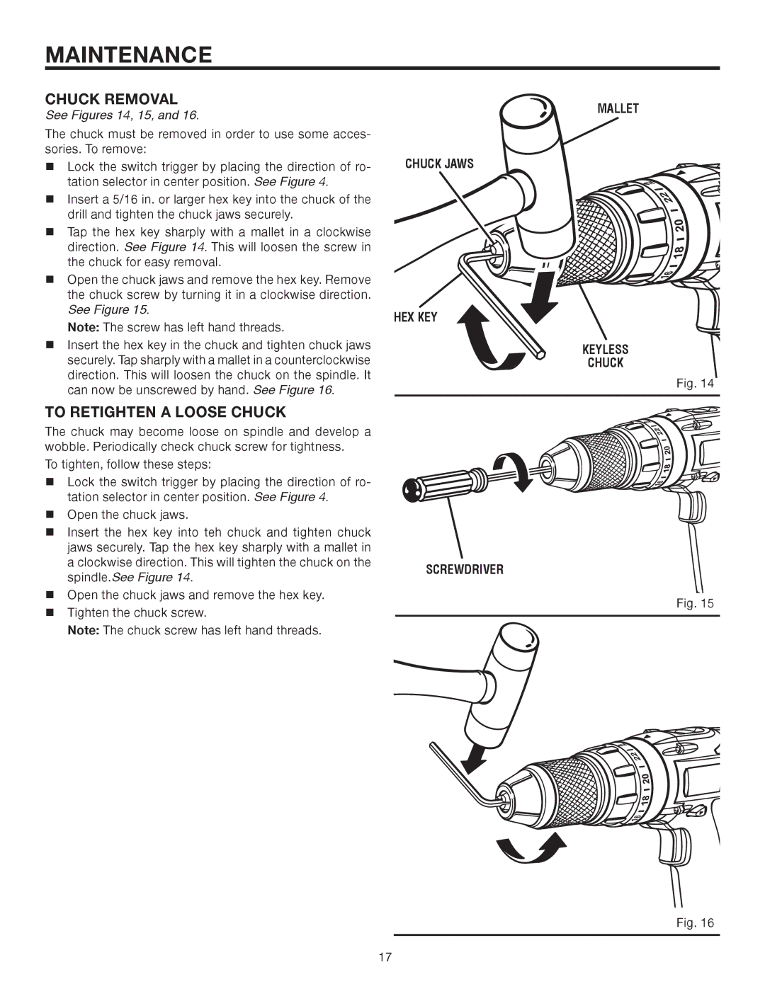 RIDGID R83015 manual Maintenance, Chuck Removal, To Retighten a Loose Chuck 