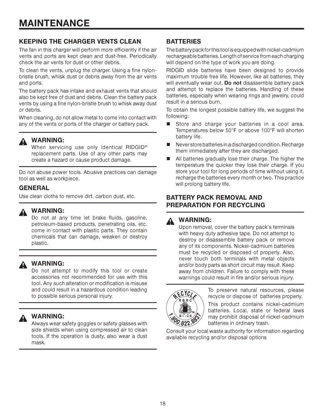 RIDGID R83015 manual Keeping the Charger Vents Clean, General, Batteries, Battery Pack Removal Preparation for Recycling 