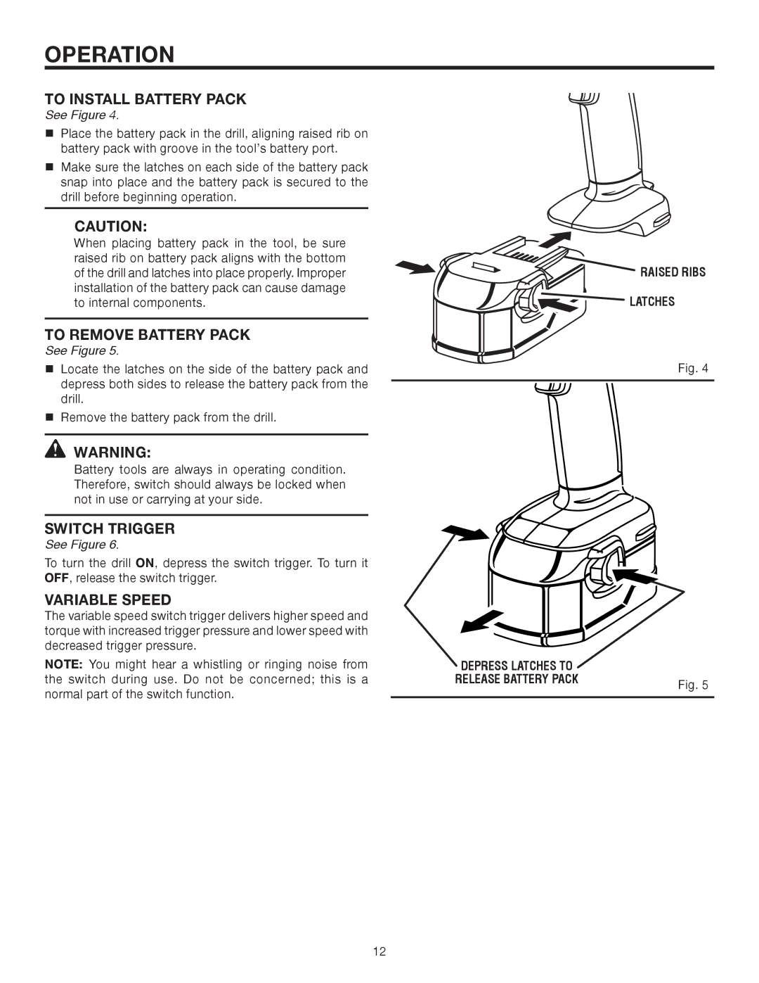 RIDGID R830153 manual To Install Battery Pack, To Remove Battery Pack, Switch Trigger 