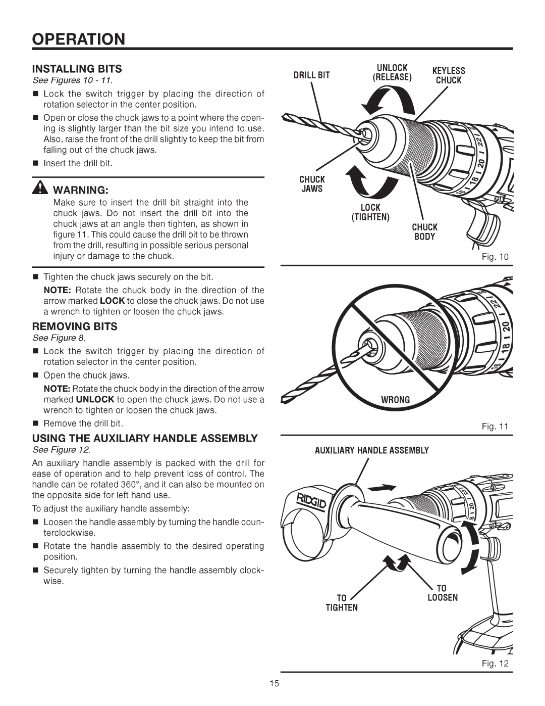 RIDGID R830153 manual Installing Bits, Removing Bits, Using the Auxiliary Handle Assembly, Drill BIT 