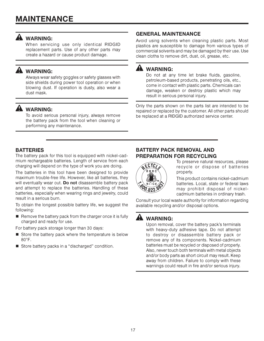 RIDGID R830153 manual General Maintenance, Batteries, Battery Pack Removal Preparation for Recycling 