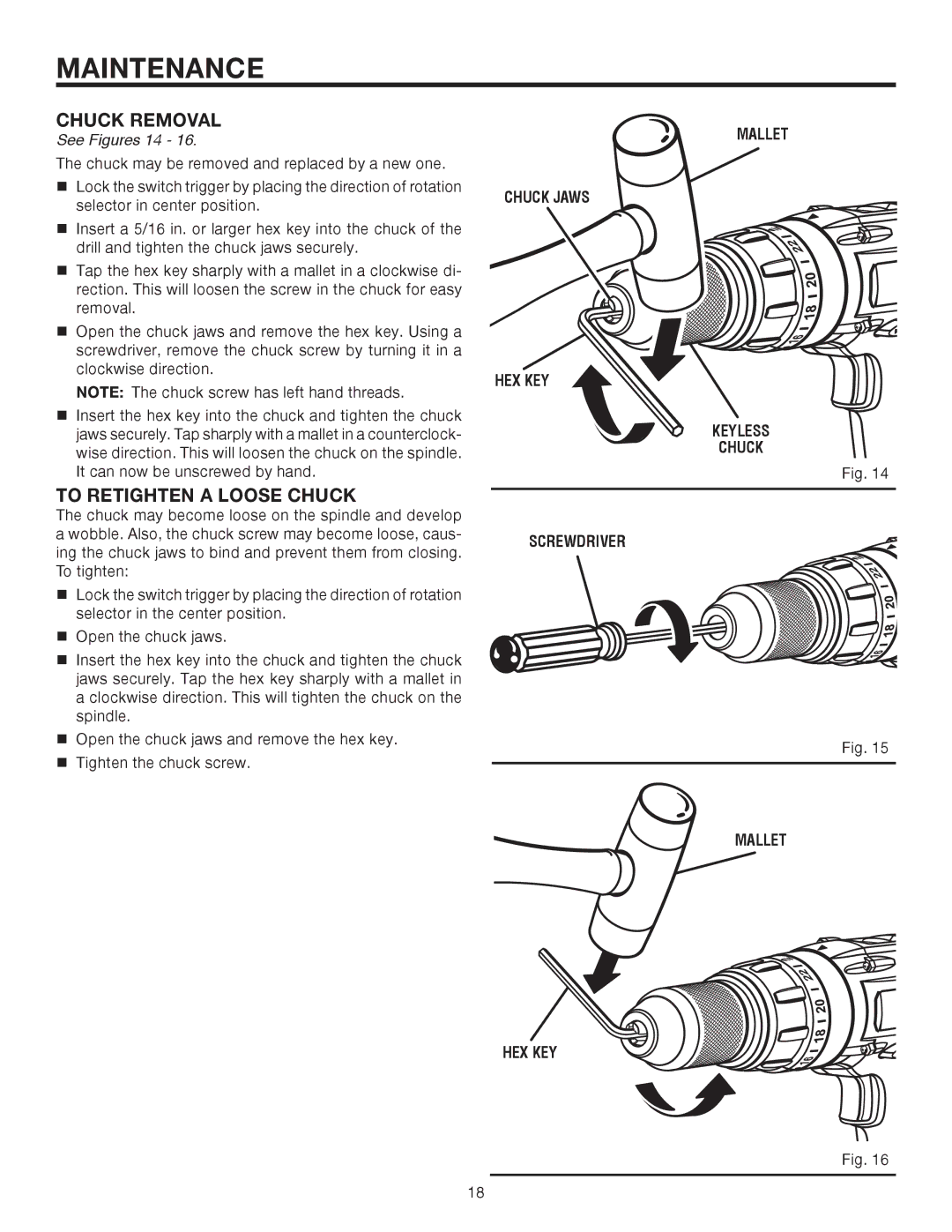 RIDGID R830153 manual Chuck Removal, To Retighten a Loose Chuck, Mallet Chuck Jaws HEX KEY Keyless Screwdriver 