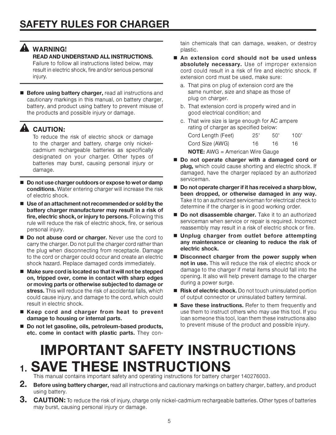 RIDGID R830153 manual Important Safety Instructions, Safety Rules for Charger 