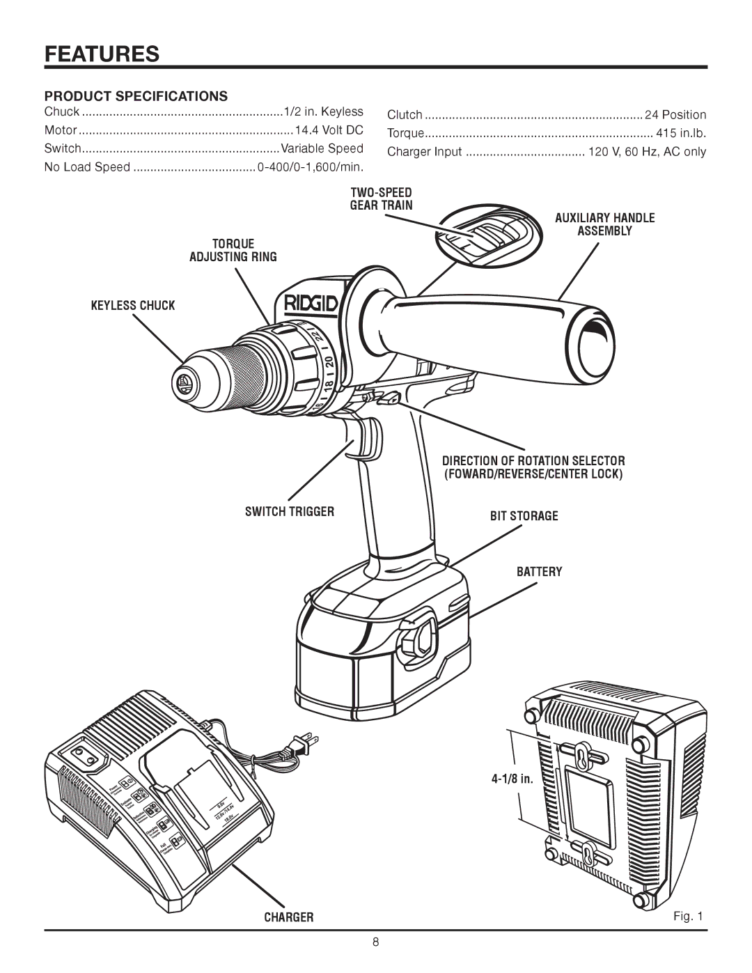 RIDGID R830153 manual Features, Product Specifications, Switch Trigger, Battery 