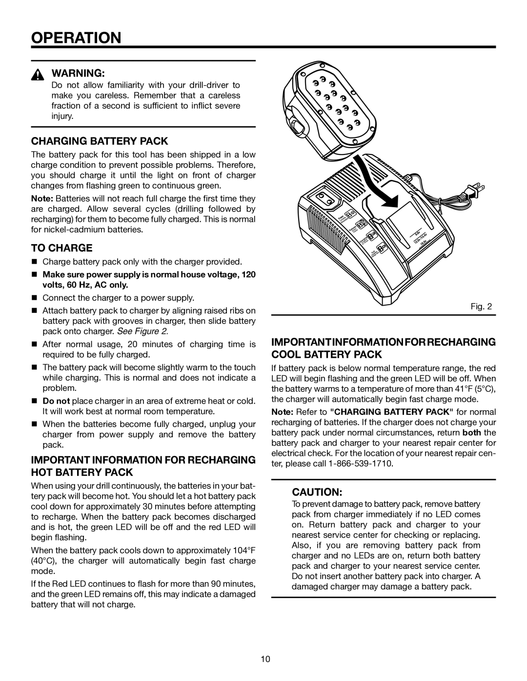 RIDGID R84001 manual Operation, Charging Battery Pack, To Charge, Important Information for Recharging HOT Battery Pack 