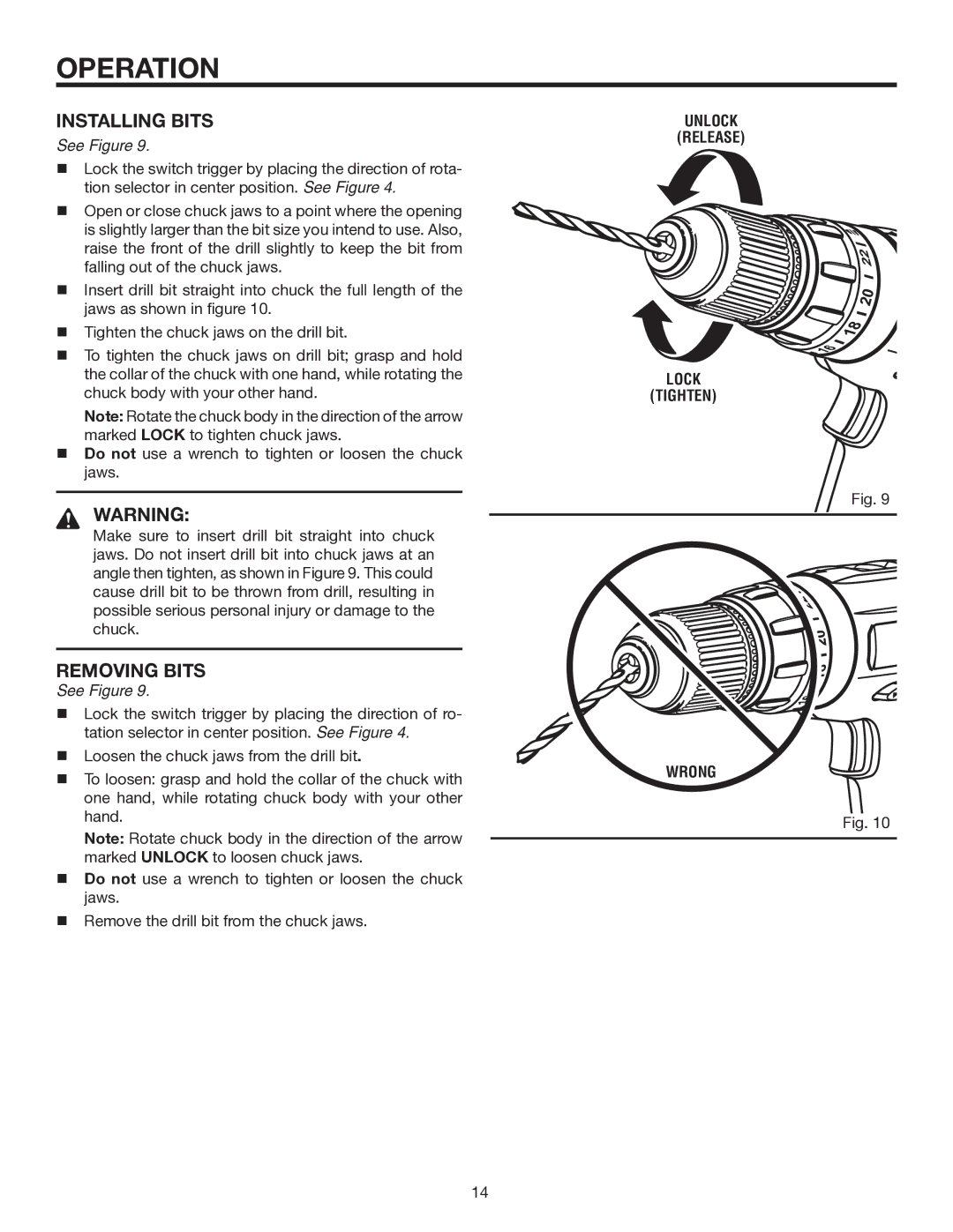 RIDGID R84001 manual Installing Bits, Removing Bits, Unlock Release Lock Tighten Wrong 