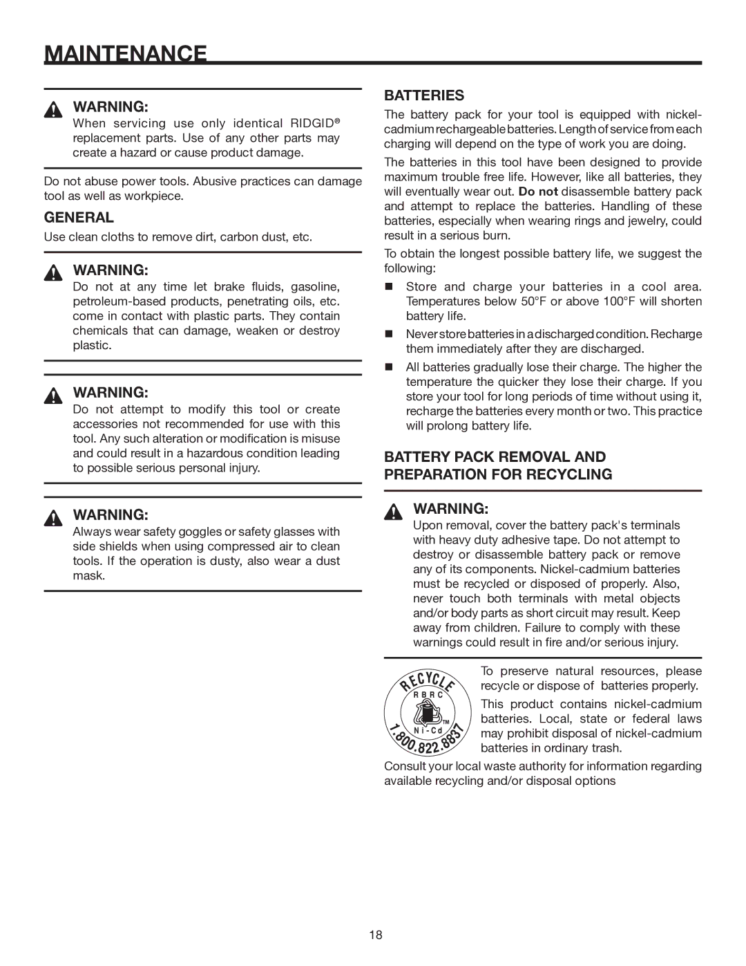 RIDGID R84001 manual General, Batteries, Battery Pack Removal Preparation for Recycling 