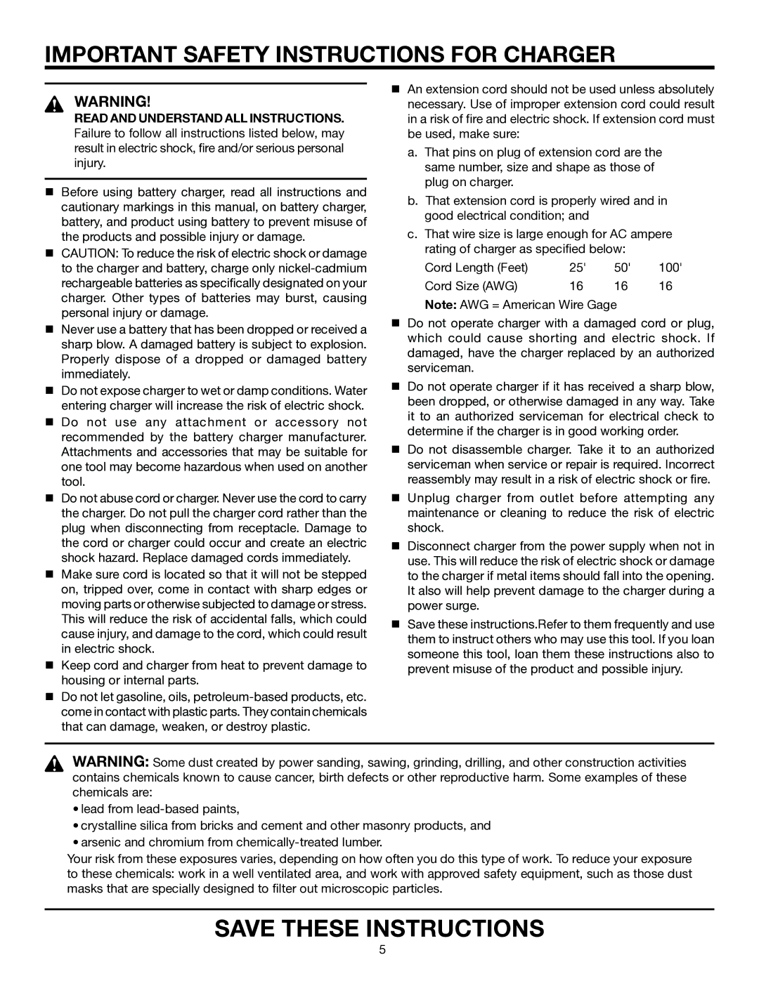 RIDGID R84001 manual Important Safety Instructions for Charger 