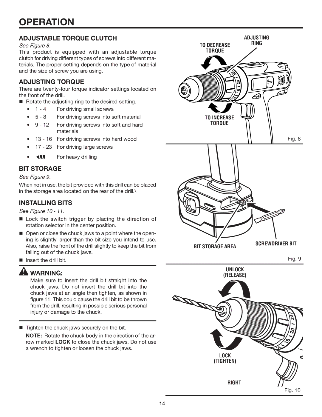 RIDGID R840011 manual Adjustable Torque Clutch, Adjusting Torque, Installing Bits, Lock Tighten Right 