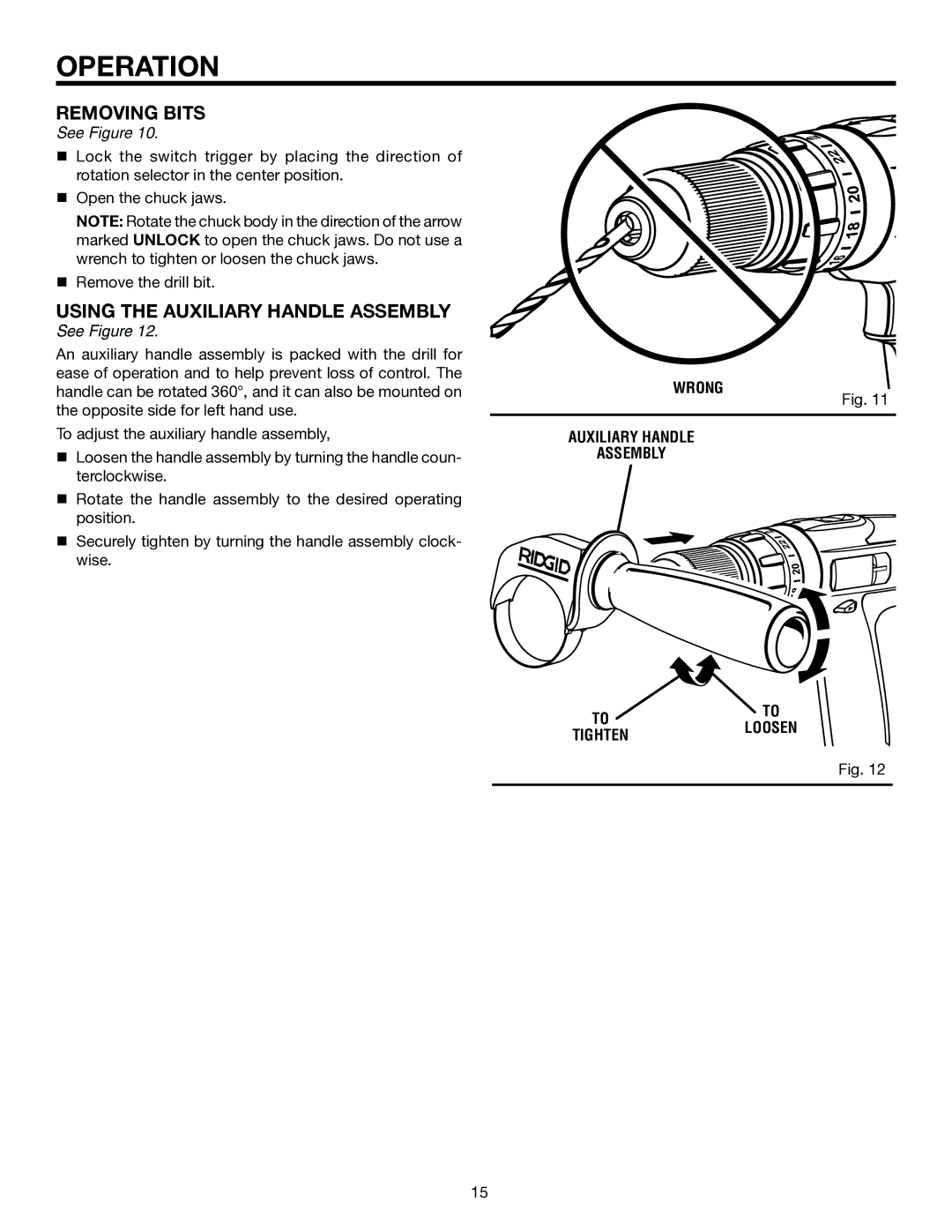 RIDGID R840011 manual Removing Bits, Using the Auxiliary Handle Assembly, Wrong Auxiliary Handle Assembly 