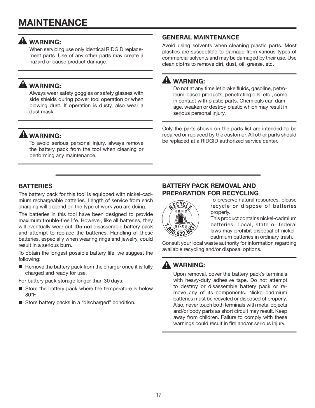 RIDGID R840011 manual General Maintenance, Batteries, Battery Pack Removal Preparation for Recycling 