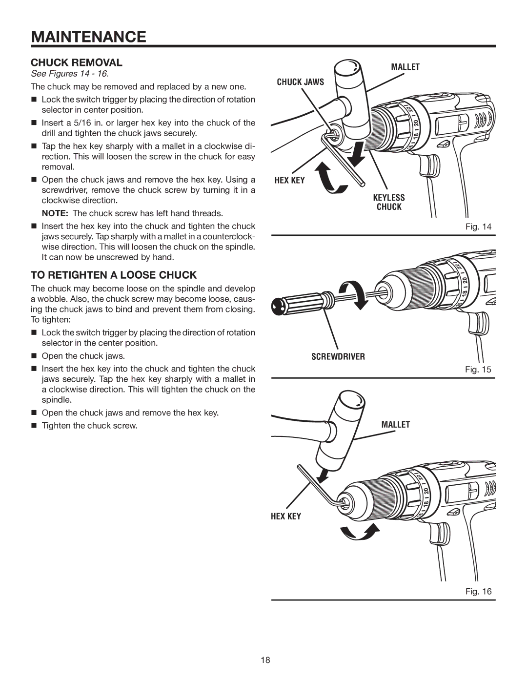 RIDGID R840011 manual Chuck Removal, To Retighten a Loose Chuck, Mallet Chuck Jaws HEX KEY Keyless Screwdriver 