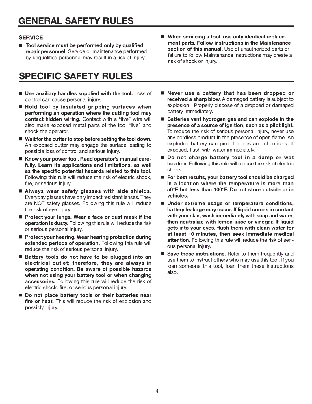 RIDGID R840011 manual Specific Safety Rules, Service 