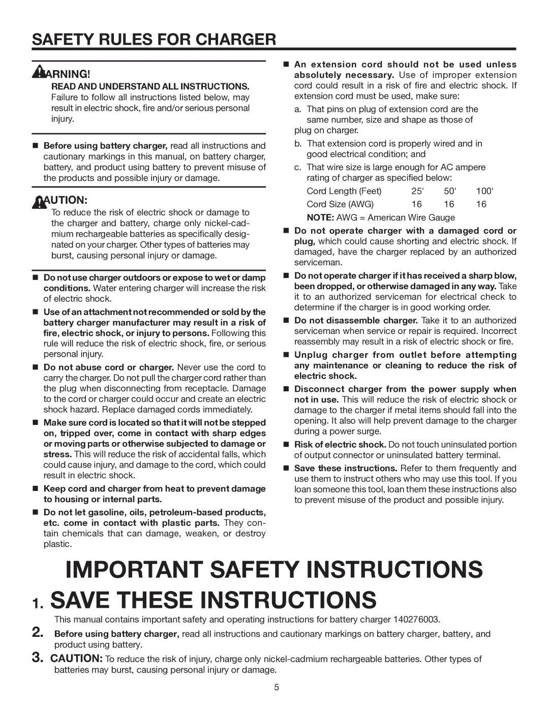 RIDGID R840011 manual Important Safety Instructions, Safety Rules for Charger 