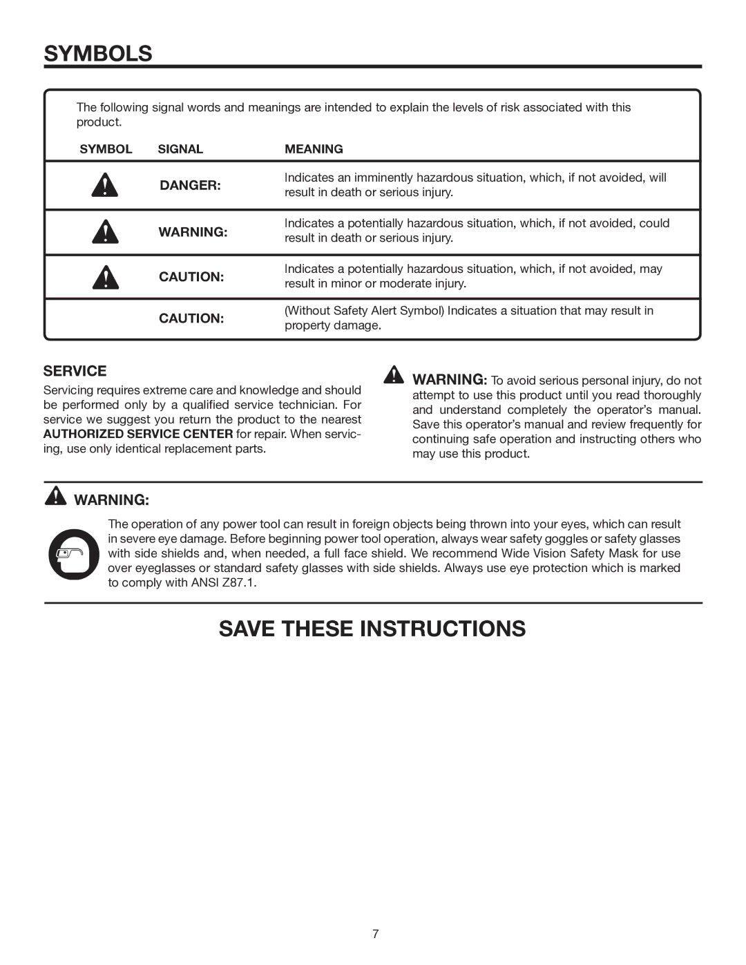 RIDGID R840011 manual Service, Symbol Signal Meaning 