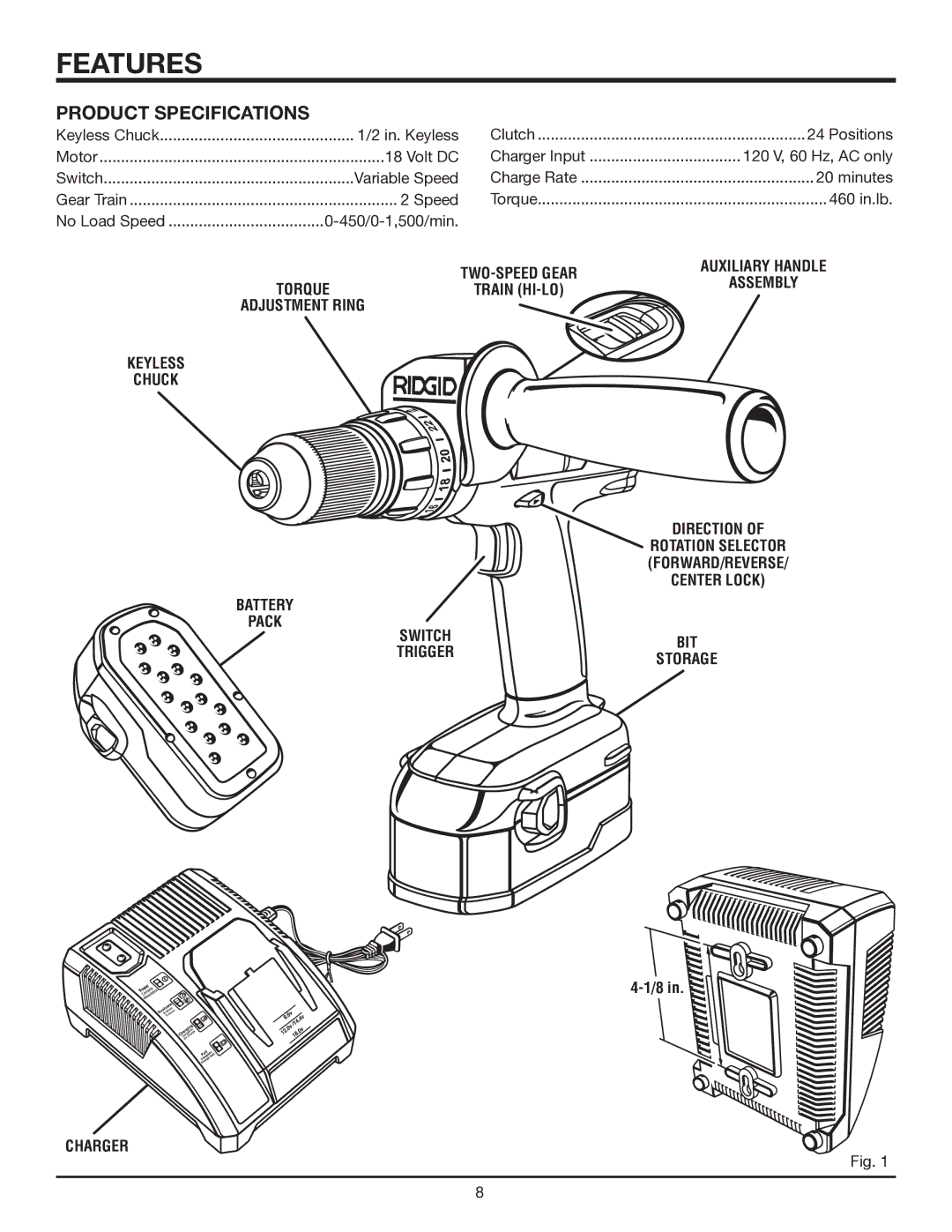 RIDGID R840011 manual Features, Product Specifications, Pack Charger, BIT Storage 