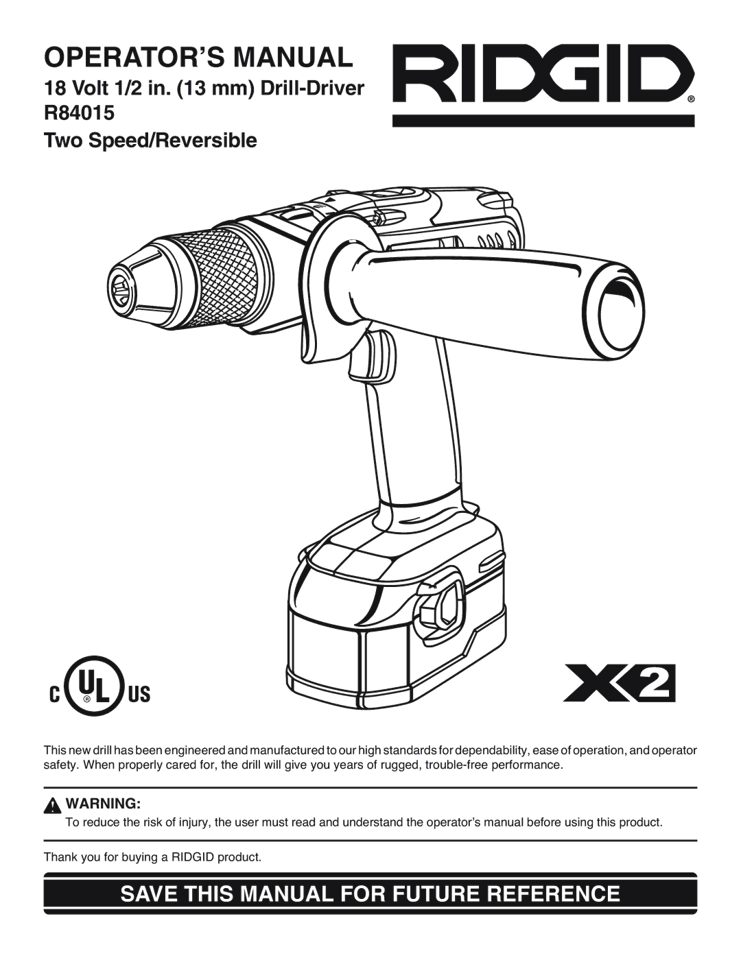 RIDGID R84015 manual OPERATOR’S Manual 