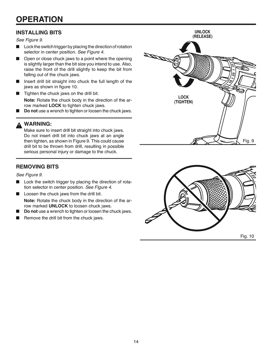 RIDGID R84015 manual Installing Bits, Removing Bits, Unlock Release Lock Tighten 