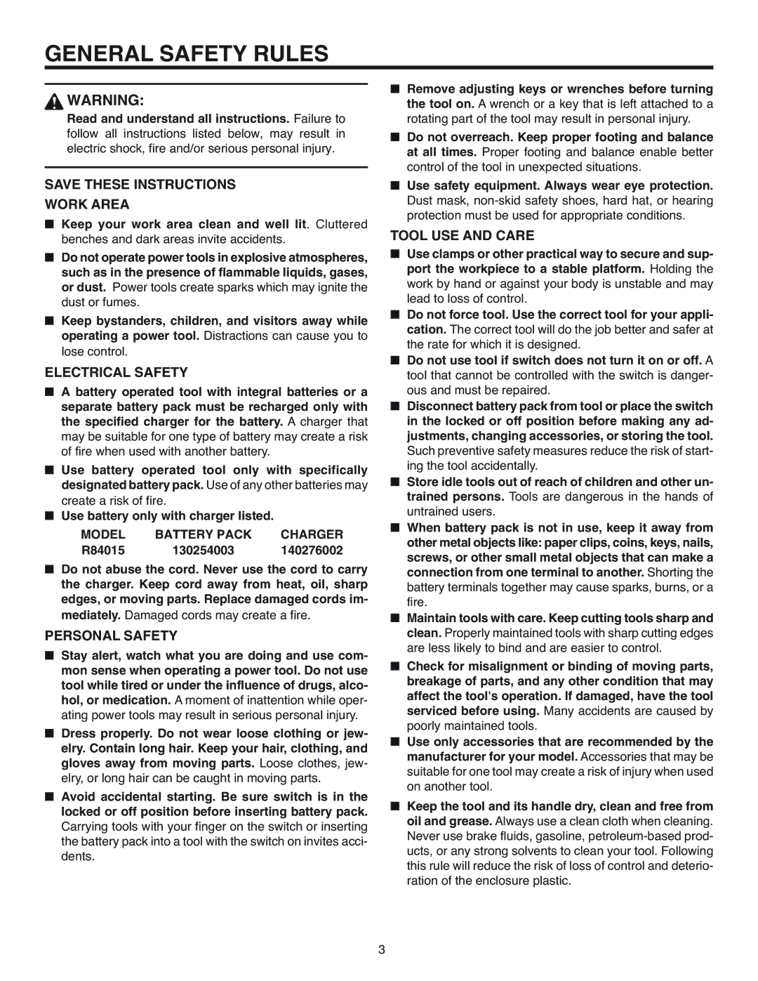 RIDGID R84015 manual General Safety Rules, Model Battery Pack Charger 