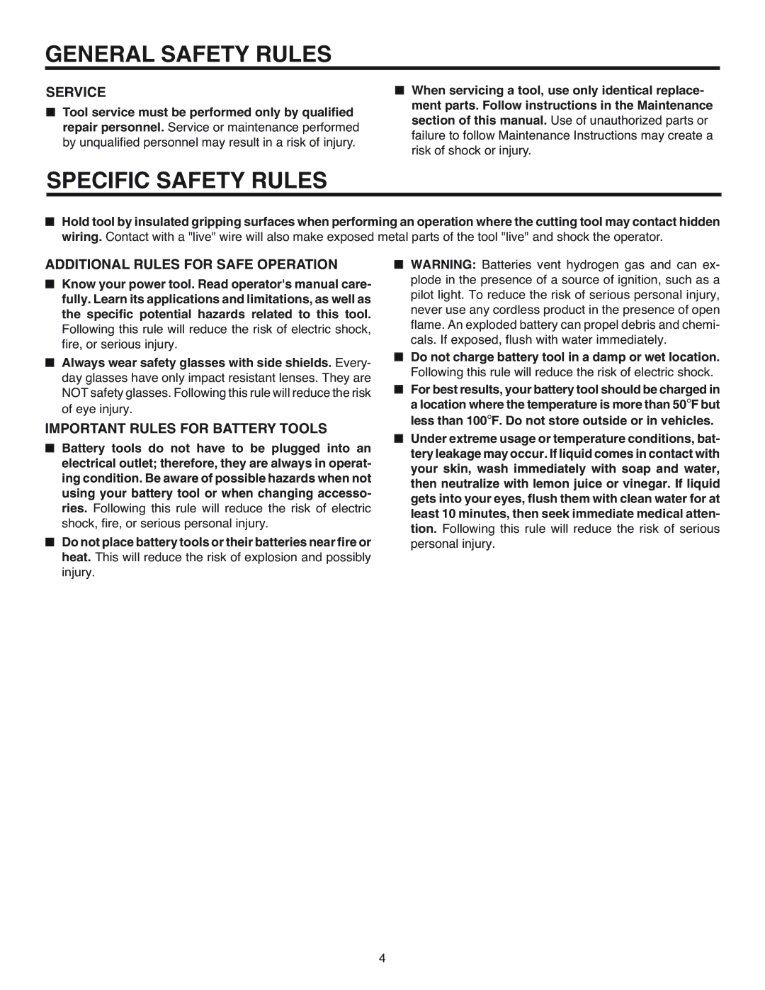 RIDGID R84015 manual Specific Safety Rules, Service 