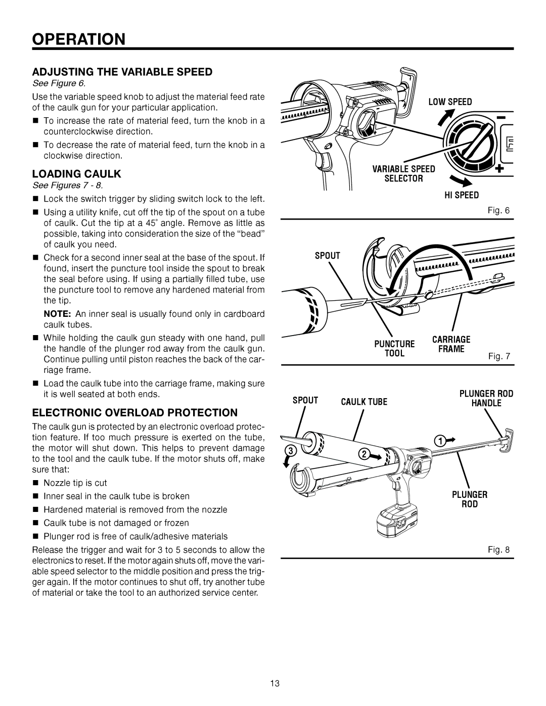 RIDGID R84040 manual Adjusting the Variable Speed, Loading Caulk 