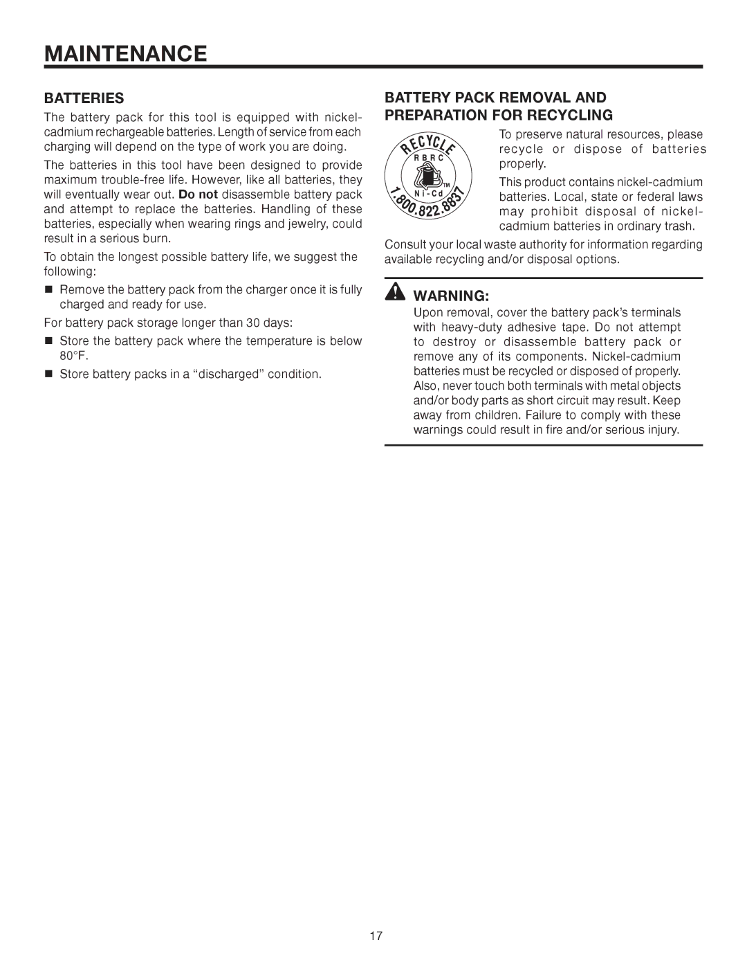 RIDGID R84040 manual Batteries, Battery Pack Removal Preparation for Recycling 