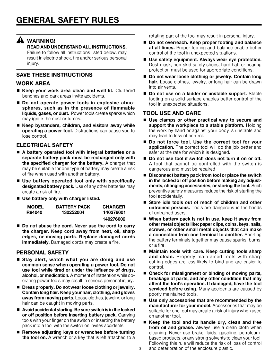 RIDGID R84040 manual General Safety Rules, Work Area, Electrical Safety, Personal Safety, Tool USE and Care 