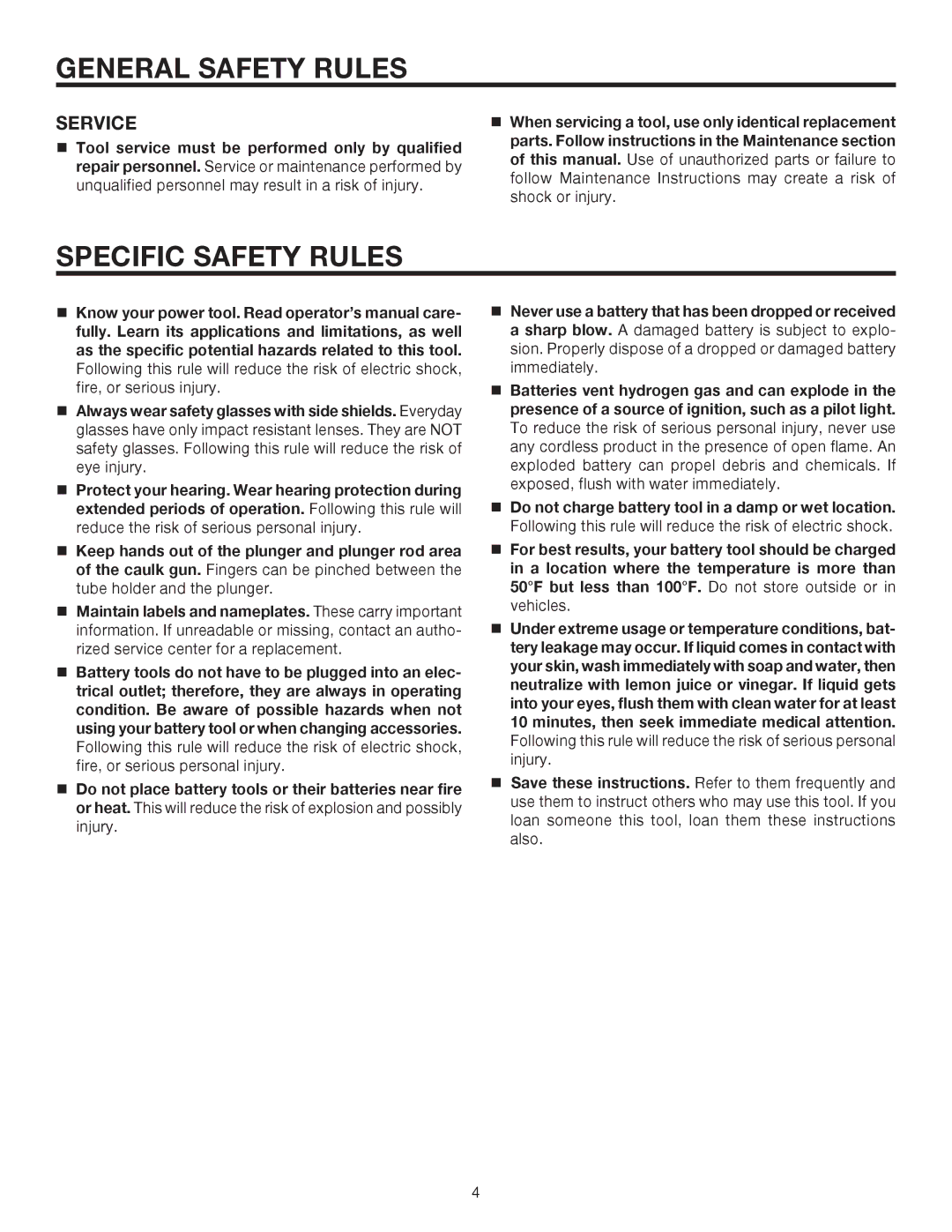 RIDGID R84040 manual Specific Safety Rules, Service 