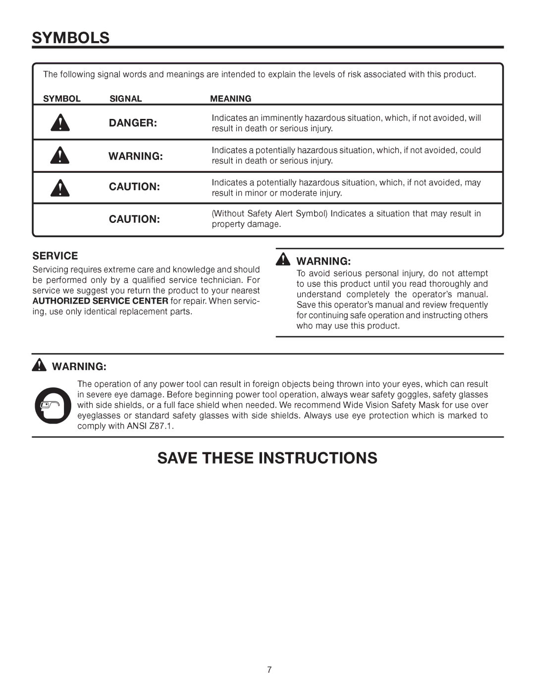 RIDGID R84040 manual Symbol Signal Meaning 